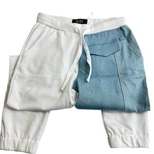 NWOT AKIRA Women Jogger Sweatpant Stretch Waist White Denim Patch Left Leg Sz Sm